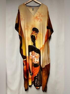 Winlar African Art Print Kaftan Dress in Warm Amber & Rust Colors